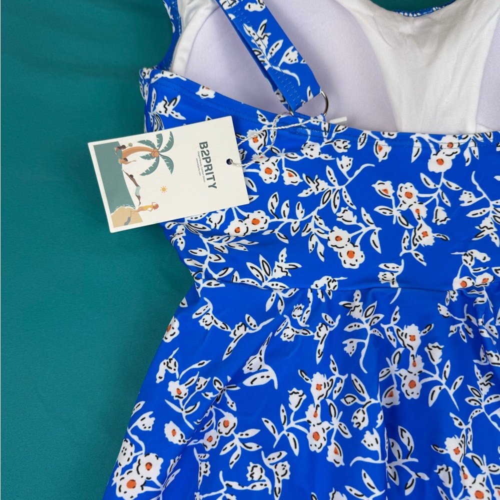 B2prity Swimdress One Piece Swimsuit Women M Blue Floral Tummy Control Skirt NWT - Picture 2 of 5